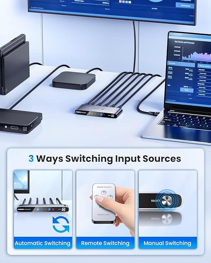 llano HDMI 2.1 Switch, HDMI Switcher 4K@120Hz 8K@60Hz with IR Remote, Switcher Selector 4 in 1 Out Supports CEC, HDCP2.3, 3D, HDR10+ VRR ALLM for PS5 and Xbox (Gray) Gray