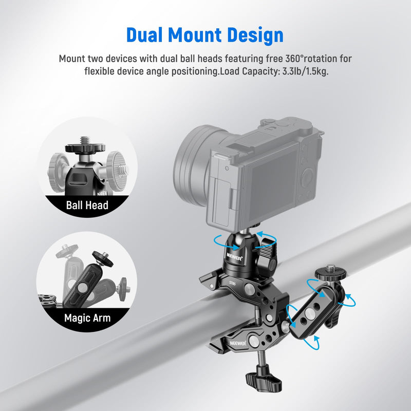 NEEWER Super Clamp with 3" Dual Ballhead Magic Arm, Ball Head Adapter, Cold Shoe, Phone Holder, Action Camera Clamp Mount for Flat/Round Surface Compatible with GoPro DJI iPhone 15 Pro Max, ST85