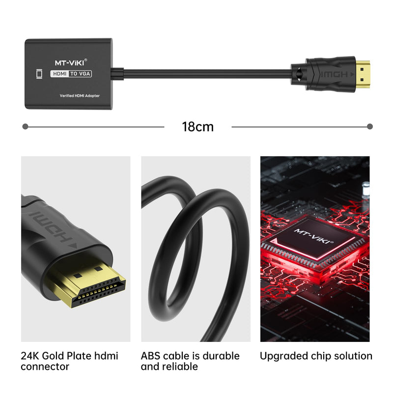 MT-VIKI HDMI to VGA Adapter, Gold-Plated HDMI Converter Male to Female, Compatible for Computer, Desktop, Laptop, Monitor, Projector, HDTV, Chromebook, Raspberry Pi, Roku, Xbox (1 Pack) 1 Pack