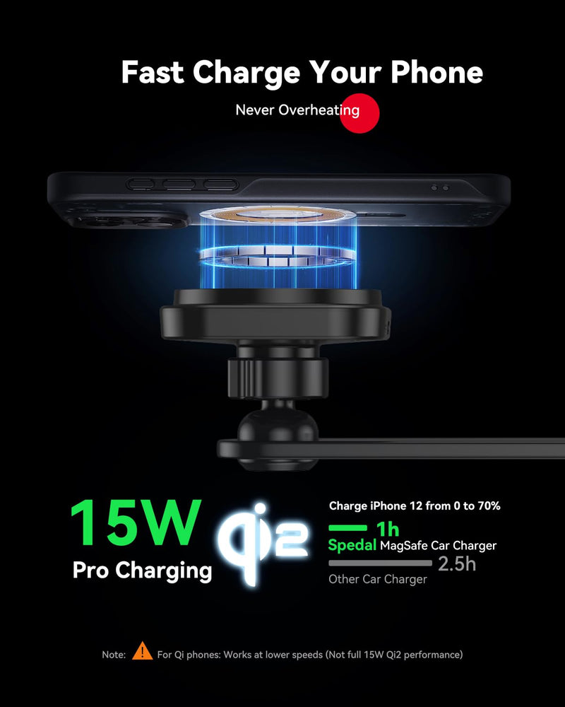 Spedal Qi2 15W Magnetic Car Charger Mount, for MagSafe-Compatible Car Phone Holder with Strong Magnet, 360° Adjustable Wireless Charging Mount for iPhone 16/15/14/13/12