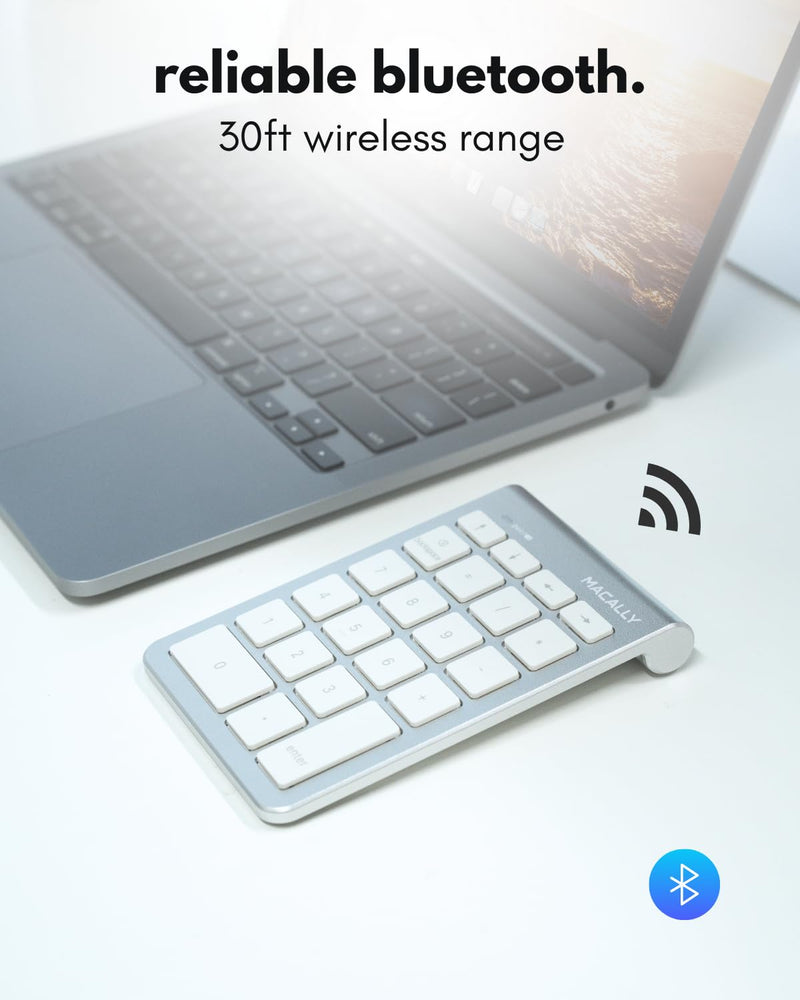 Macally Bluetooth Number Pad for Laptop - Wireless Numeric Keypad - 22 Key Numeric Keypad for Data Entry, Numpad Compatible with Mac, iMac, MacBook, iPad, iPhone, iOS, Laptop, PC, Android - Silver