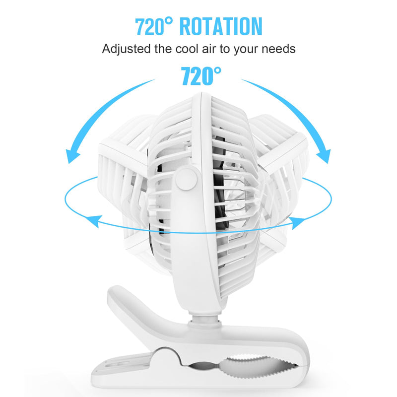 HONYIN USB Clip on Fan, 720° Rotation Small Desk & Clip Fan, Personal Cooling Fan with Sturdy Clamp, 3 Speeds, Quiet Little Fan by USB Plug In, for Bedroom Office Desktop Treadmill White