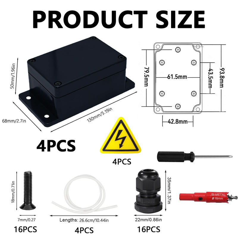 4 x Junction Boxes, IP67 Black Junction Box, Waterproof, 100 x 68 x 50 mm, Surface-Mounted Junction Box, Electronic Housing with 16 Cable Glands, Safety Shields, Hole Saw 16 mm, Screwdriver