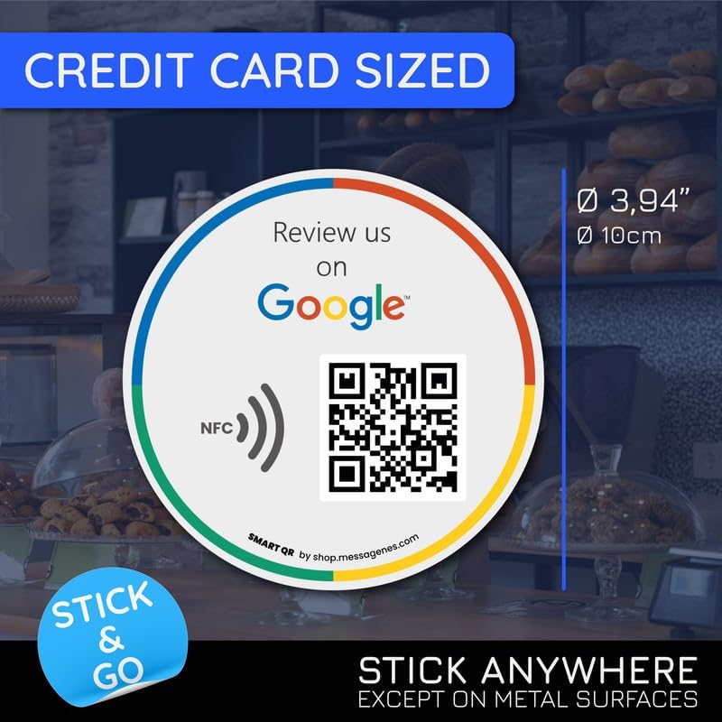 Reusable Review Tap Sticker for Google Reviews - 10-Stickers Pack - QR & Tap NFC Sticker - Review Us on Google Tap Sticker - iPhone & Android - Boost My Reviews Sticker - Set Up at Home | MESSAGENES