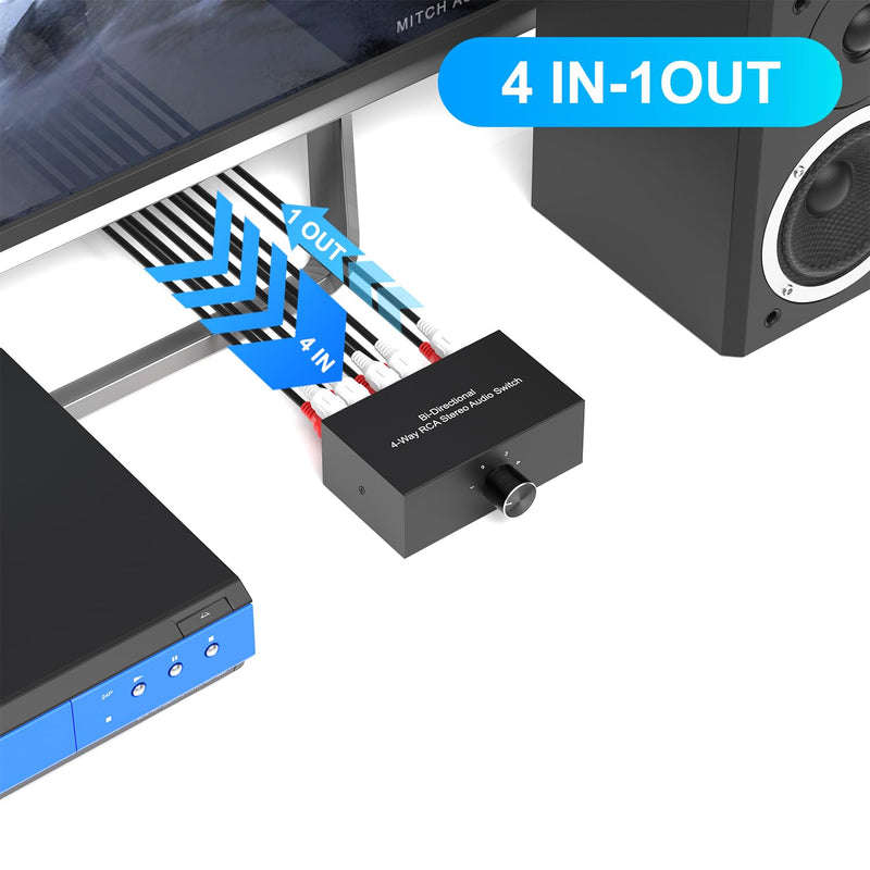 Dingsun 4-Way Stereo Audio Switcher, Bi-Directional Right and Left Channel Audio Selector Box for Blu-ray Players or DVD Players Active Speakers (4In-1Out /1In-4Out)(1In-4Out /4In-1Out) 1In-4Out /4In-1Out