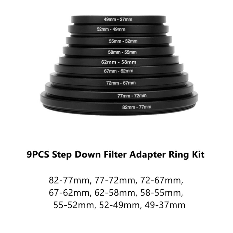[AUSTRALIA] - Filter Ring Adapter Set 18 Pieces, Camera Lens Filter Stepping Rings Kit, Lightweight and Durable Aluminum, 9 Pcs Step Up Rings Set and 9 Pcs Step Down Rings Set, Black 