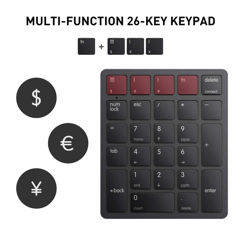 Bluetooth Number Pad, Havit USB Wireless Numeric keypad 26 Keys Portable Mini Financial Accounting Rechargeable Numeric Pad for Laptop Desktop, PC, Surface Pro,Notebook (Black) Black