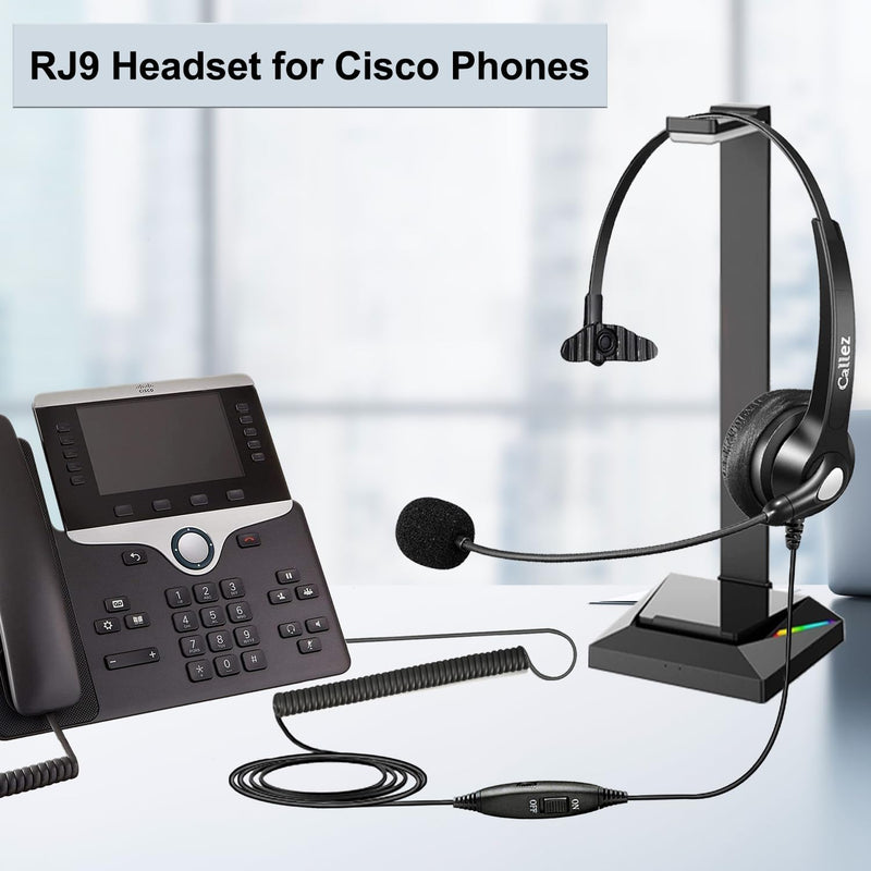 Callez RJ9 Phone Headset with Noise Cancelling Mic & Mute Switch, Corded Telephone Headset for Cisco 8851 8845 8841 8811 7965 7962 7945 7941 7841 7821 6941 6851 Plantronics M12 Office Landline Phones Black