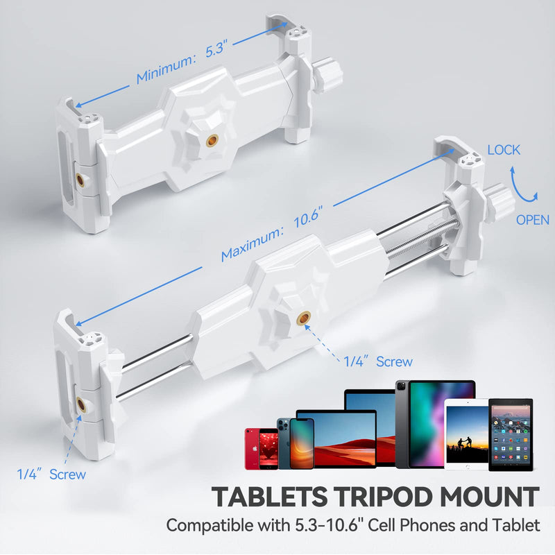 KDD iPad and Phone Tripod Mount Adapter with Ball Head, White Tablet Mount for Tripod, 360 Rotatable iPad Holder Clamp fit iPad Pro 12.9, iPad Air Mini, Galaxy Tab, Surface Pro, Selfie (5.3-10.6’’)