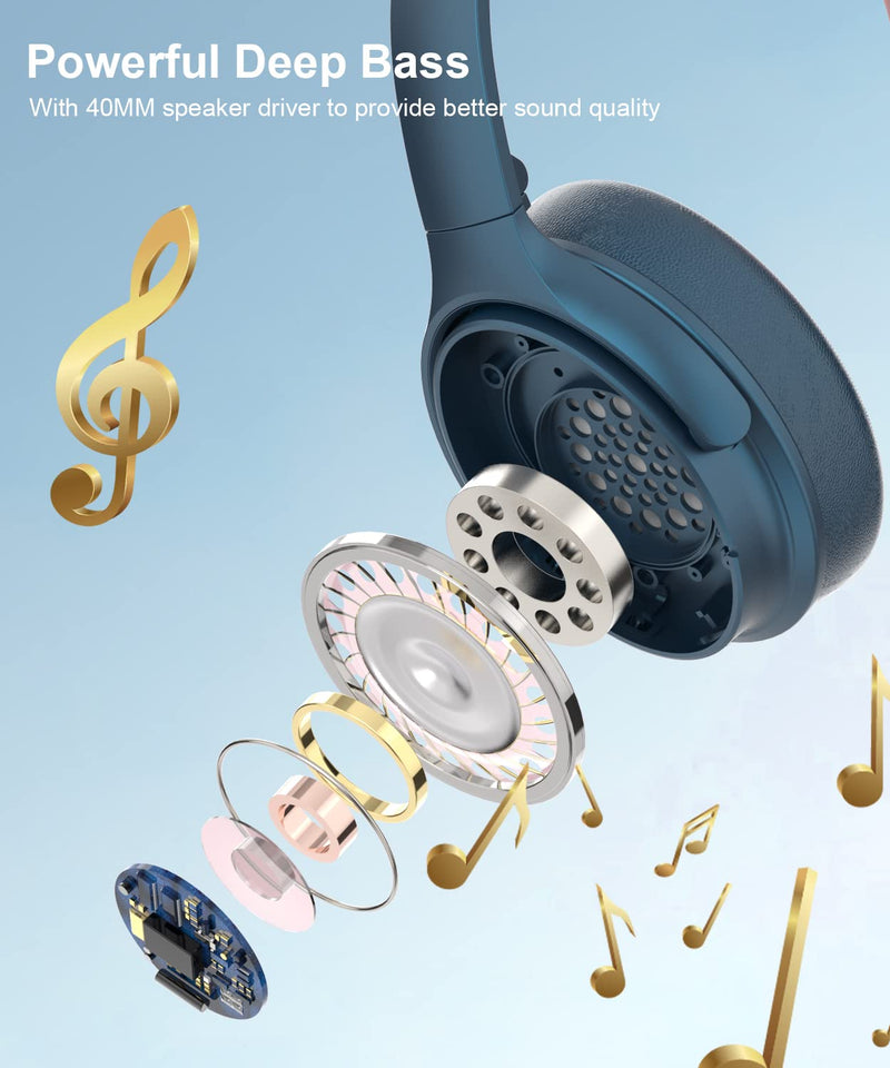 INFURTURE Active Noise Cancelling Over Ear Bluetooth Headphone Deep Bass H1 | Comfortable, Hi-Fi Stereo, 90H Playtime, Low Latency, Foldable Lightweight for Travel, Office, Sport Running - Blue