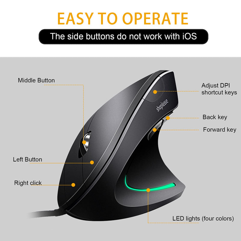 Wired Vertical Mouse, Optical Ergonomic Mouse with 4 Adjustable DPI 800/1200/2000/3200, 5 Buttons USB Computer Mouse , Better for Large and Medium Sized Hands Medium-Large