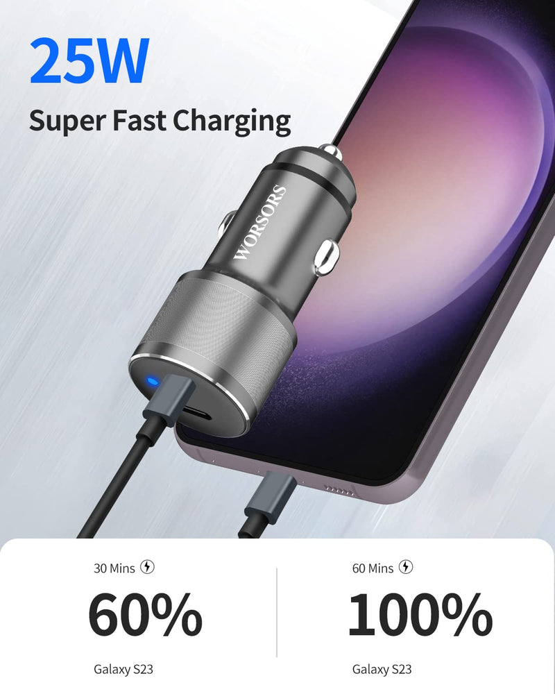 Dual USB C Car Charger, 60W PD (30W + 30W) Super Fast Charging Adapter Metal for iPhone 15 Pro Max, Samsung Galaxy S24 Ultra/S24 Plus/S24/S23/S22/S21, Note 20/10, iPad Pro + 2X Type C to C Cable 3.3Ft Gray