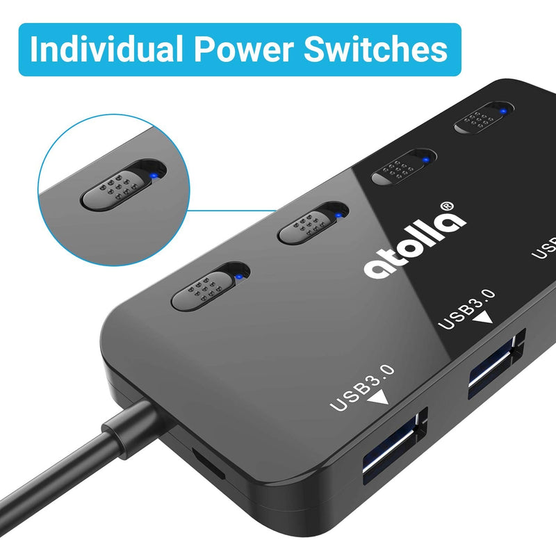 USB 3.0 Hub Splitter - USB Extender 4 Port USB Ultra Slim Data Hub with Individual Power Switch and LED 0.5 FT