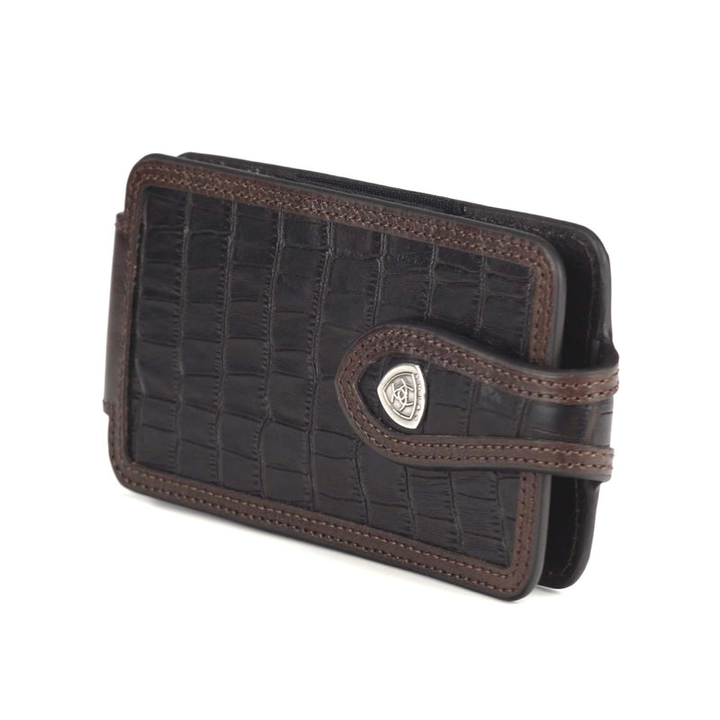 ARIAT Crocodile Print Leather Cell Phone Case, Concho, Black, Large | Leather construction, belt-clip carry, protective phone storage, western tooled detailing