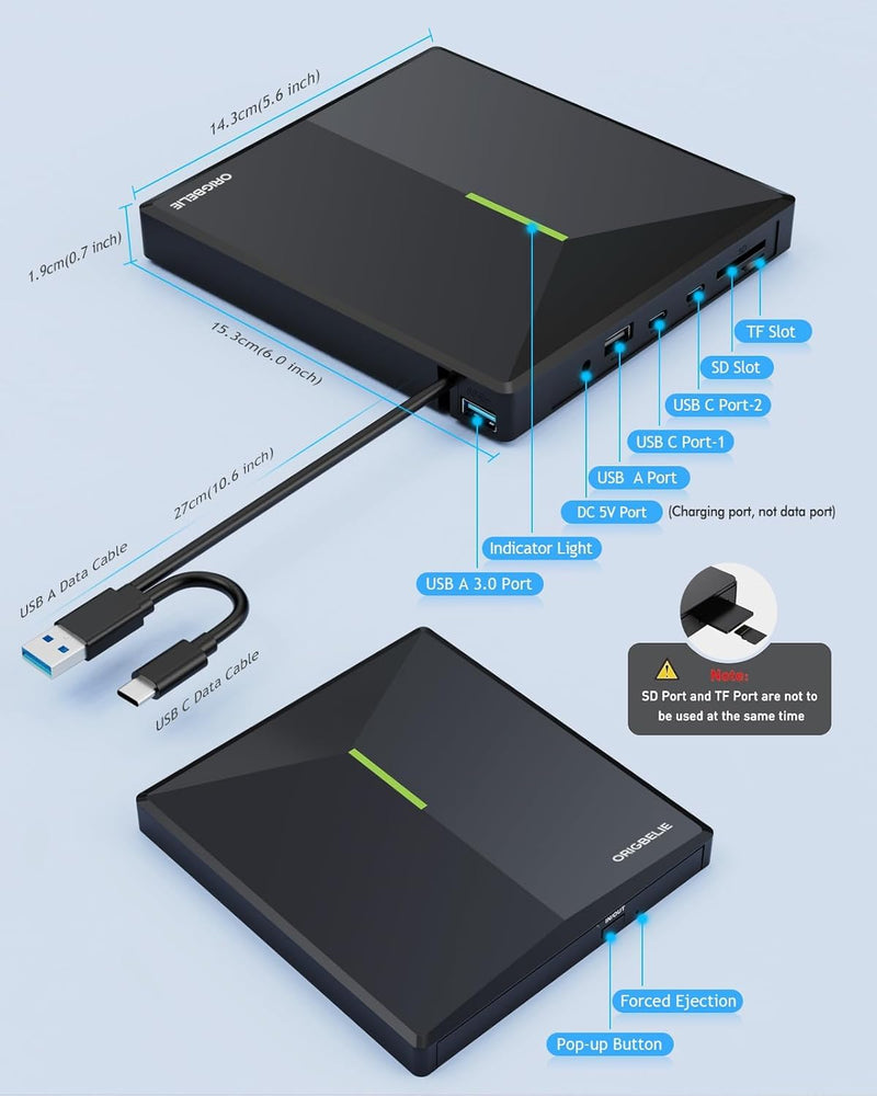 ORIGBELIE External CD/DVD Drive for Laptop, USB 3.0 DVD Player with 4 USB Ports & 2 TF/SD Card Slots, Portable CD/DVD +/-RW Drive Burner Reader Writer for Desktop PC Windows 11/10/8/7 Linux Mac OS RGB Black