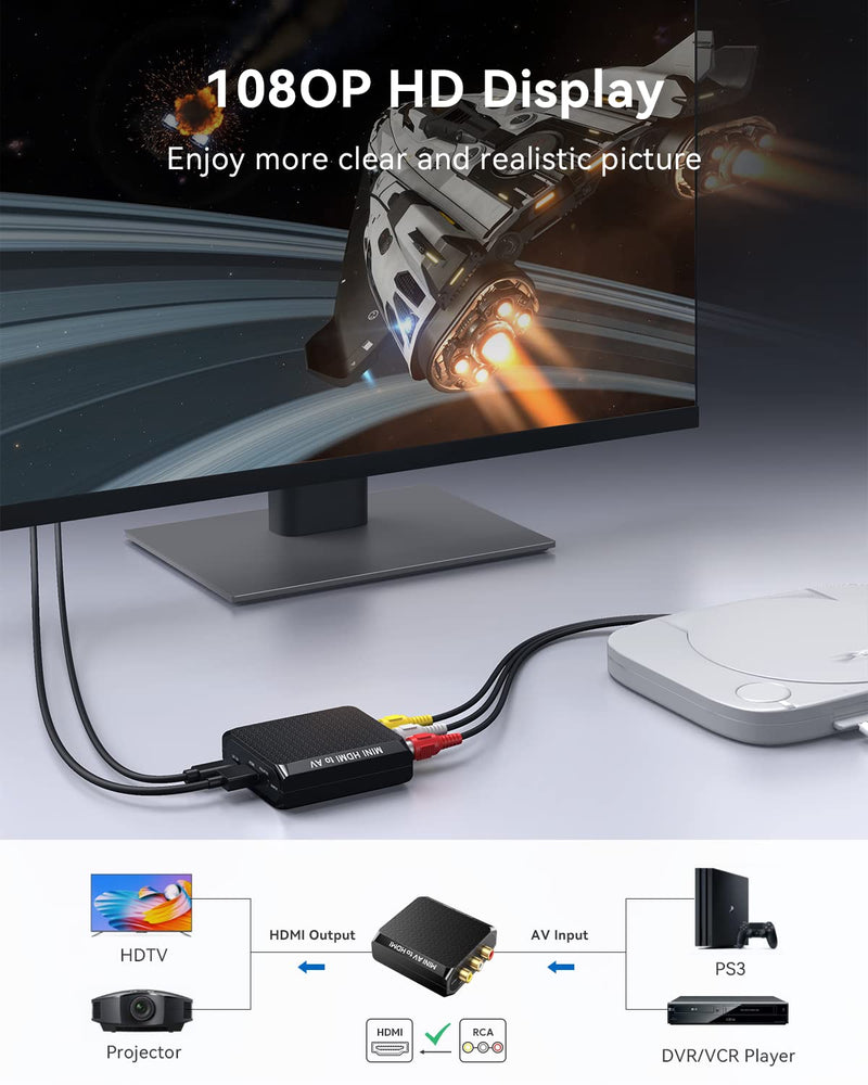 WENTER RCA to HDMI Converter, 1080P AV to HDMI Converter, Mini Composite CVBS Audio Video Adapter Supports PAL/NTSC for VCR/VHS/Xbox/PS3/STB/N64/Wii/TV/PC/Blue-Ray DVD Players RCA to HDMI Converter with RCA + HDMI cable