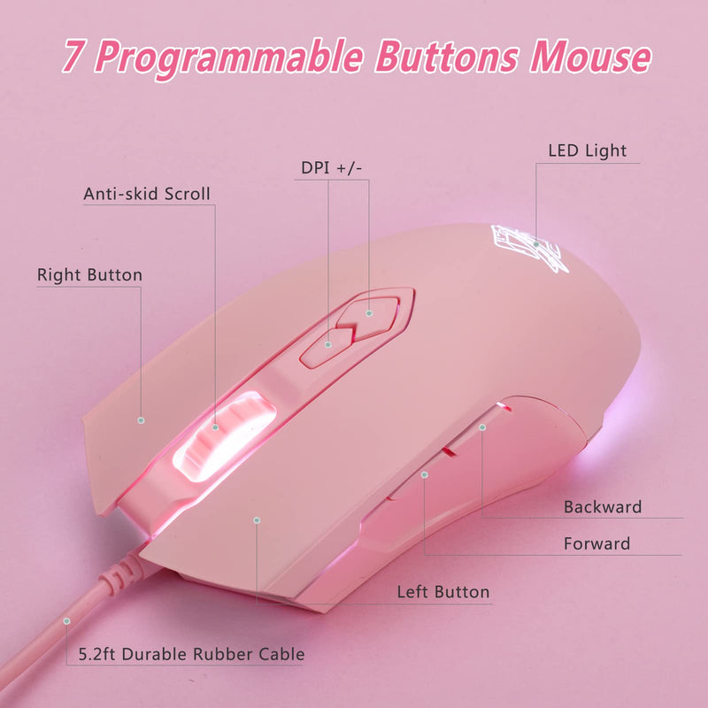Lomiluskr AJ52 Gaming Mouse Wired, 7 Programmable Buttons, Computer Mice with RGB LED Backlit, 200-4800 DPI Adjustable,for Windows/Mac OS/Linux (Pink) Pink