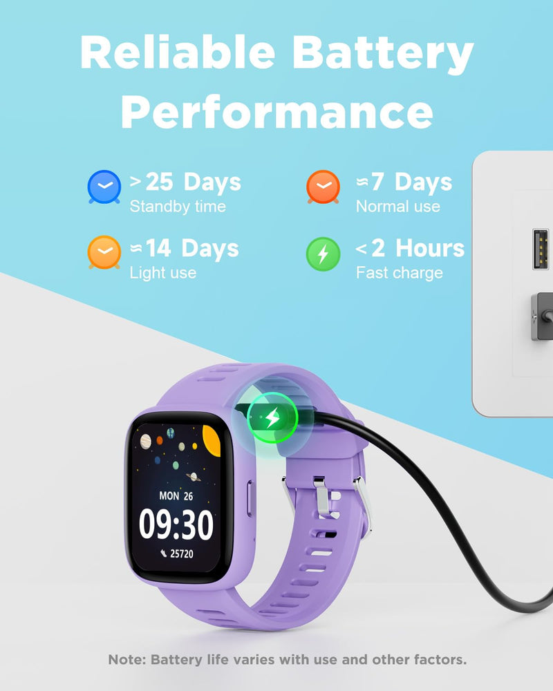 BIGGERFIVE Smart Watch for Kids, 1.8" Fitness Tracker Watch with Pedometer | Heart Rate, Sleep Monitor, IP68 Waterproof, Step Counter, Puzzle Games with/without App for Girls Teens 5-16 Lilac