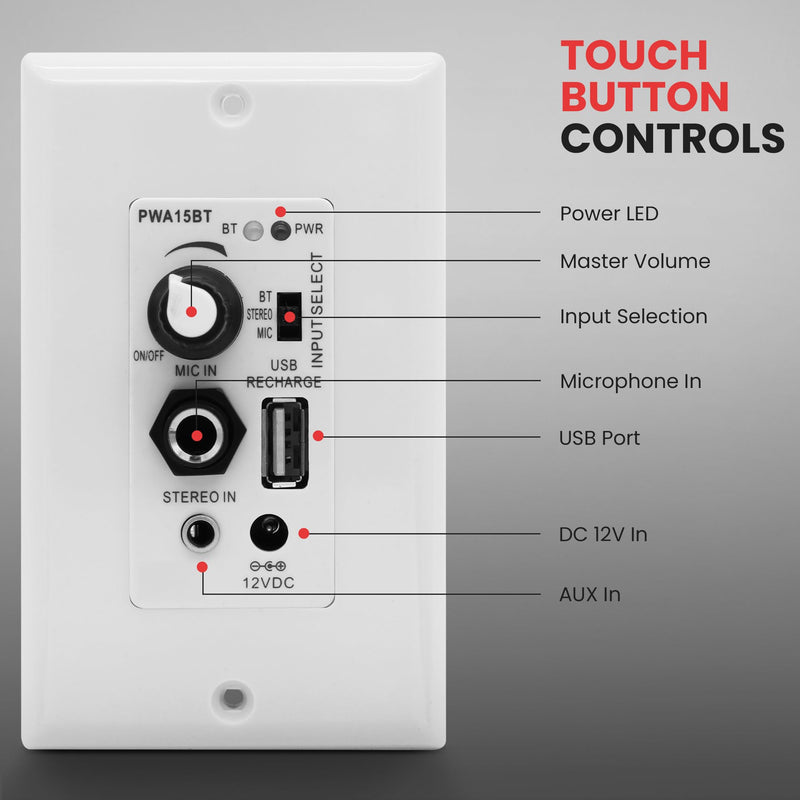 Pyle Bluetooth Receiver Wall Mount, in-Wall Audio Control with Built-in Amplifier | USB, Microphone, Aux (3.5mm) Input | Terminal Block | Connect 2 Speakers - 100 Watt (PWA15BT.5)