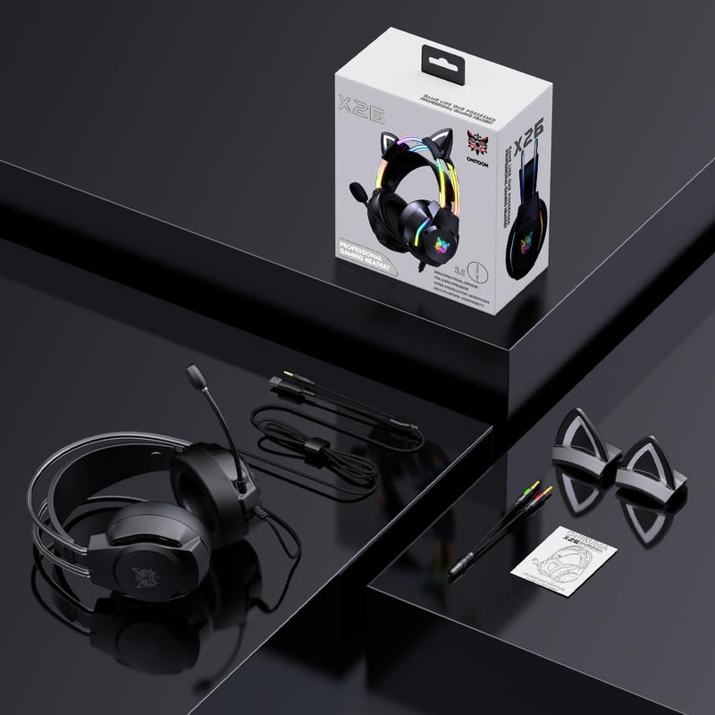 Gaming Headset with Microphone, Cat Ear Headphones for PC Laptop PS4 PS5 Xbox Switch, Rainbow RGB Lighting & Virtual Surround Sound, 3.5mm Wired Over Ear Headphones, Ergonomic Black Cat Ear