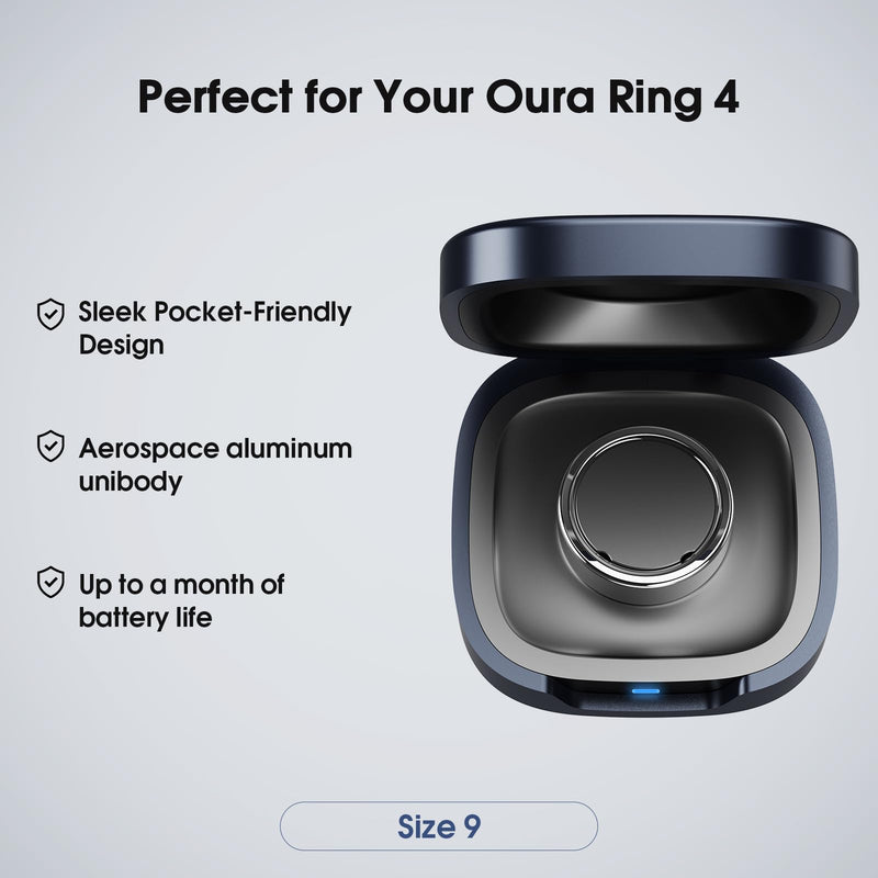 Charging Case Compatible with Oura Ring 4 Size 9 Portable Charger | Aerospace Aluminum Unibody, Pocket-Sized Elegant Design, Smart Charging Protection, Up to a Month of Battery
