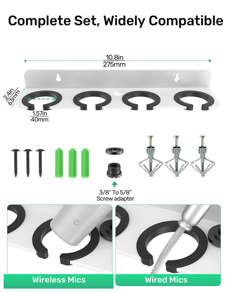 4-Slot White Multi Microphone Holder for Wired and Wireless Mics, Hold Up to 4 Mics, Multiple Mic Organizer Storage for Mic Stand, Rubber Padding/Wall Mounted or Mounted to 5/8"-27 or 3/8"-16 Stand
