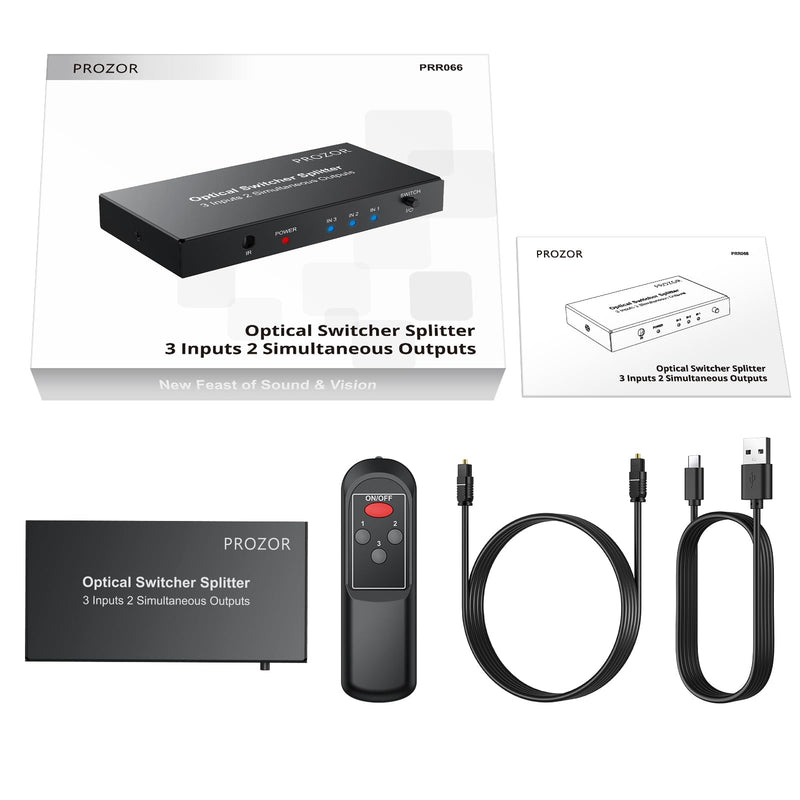 [AUSTRALIA] - PROZOR Digital Audio Switcher Splitter - 3 in 2 Out 3 Port Spdif Toslink Optical Switch with Remote Control, Aluminum Alloy Material 2 Way Digital Audio Splitter Support LPCM 2.0 DTS Dolby-AC3 