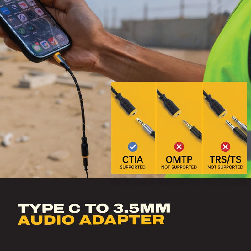 DEWALT Aux to USB C Adapter – 3.5mm to USB C Audio Headphone Dongle | DAC Chip, CTIA Compatible, Kevlar-Reinforced Cable for iPhone 17 16 15, Samsung Galaxy, iPad & MacBook