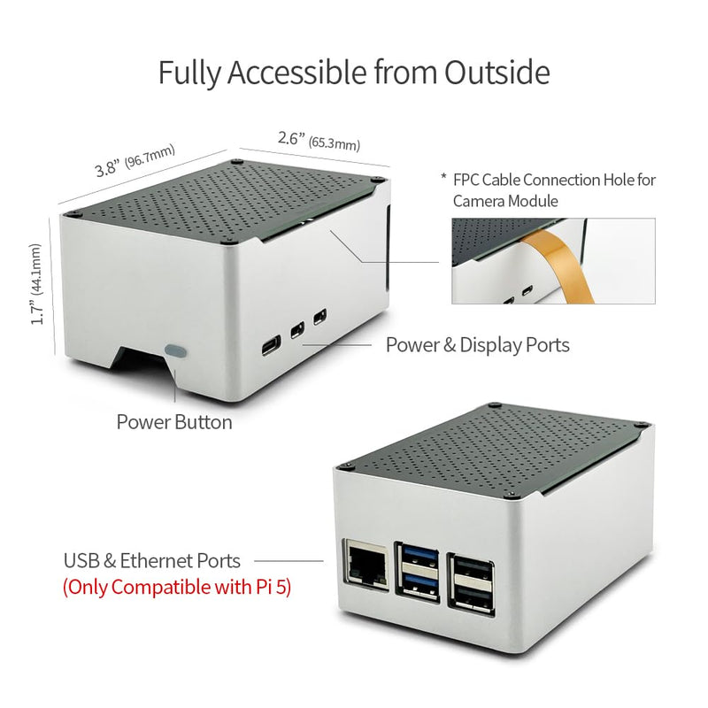 ElectroCookie Raspberry Pi 5 Case, Aluminum Compact Case with M.2 NVMe SSD PCIe HAT and Active RGB Lighting Cooler (Black Case + M.2 HAT[X1001])