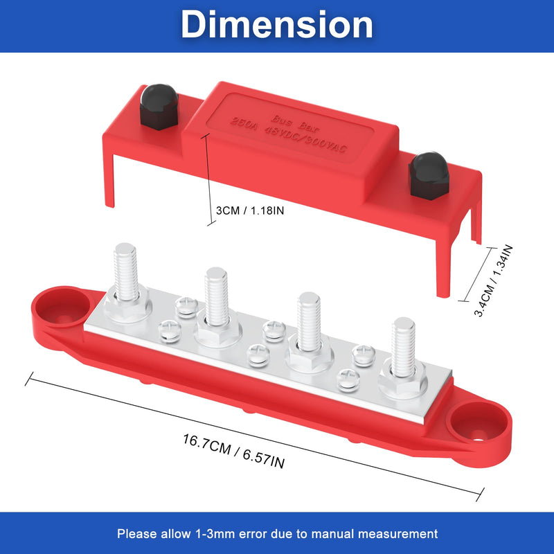 Upgraded Bus Bar 250A 12V Power Distribution Block with 5/16" (M8) 4-Posts Terminals Block with Cover for Automotive, Marine, Battery System (Black & Red) Upgrade250A-5/16''(M8) Black & Red