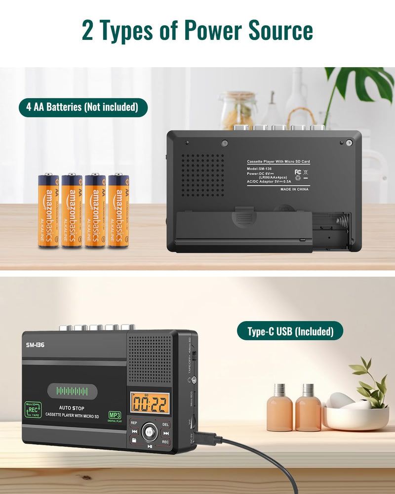 Portable Cassette Tape Player Recorder, Walkman Audio Cassette to Digital Converter via USB C or SD Card, LCD Dispaly, Build-in Microphone, Headphone Jack, Speaker, 16GB SD Card
