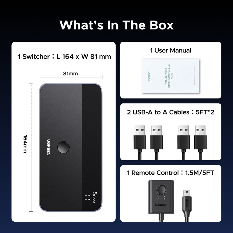 UGREEN USB 3.0 Switch for 2 PCs Simultaneous Internet Access & Sharing USB Devices, USB Switcher Sharing Keyboard and Mouse, Built-in Gigabit Ethernet Adapter, Includes 2 USB Cables & Controller