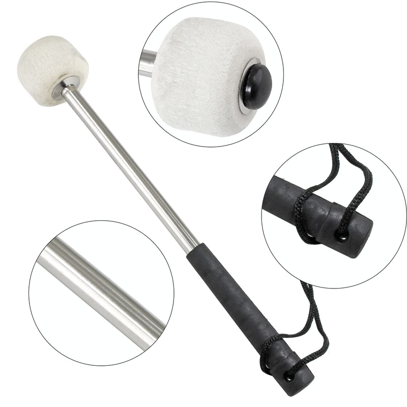 2Pcs Bass Drum Mallet, 12.6 Inch Wool Felt Head Drum Mallet Stick Anti-slip Bass Percussion Sticks Instrument Band Accessory for Drums Snare Drums (Stainless Steel) Black Handle Cover
