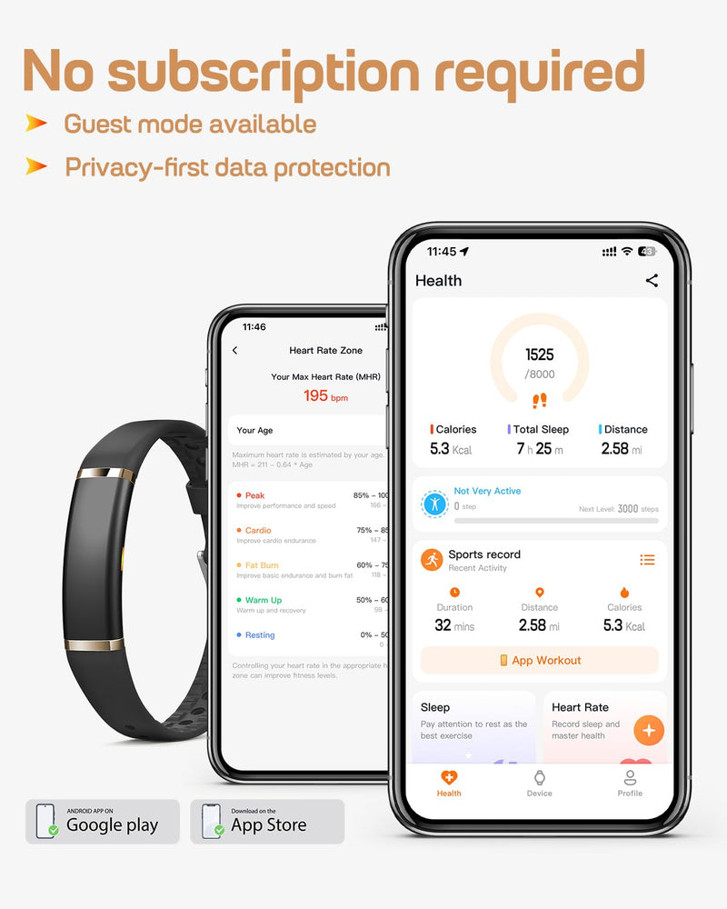 FITVII Screenless Fitness Tracker for Women Men, Health and Fitness Wearable with 24/7 Heart Rate, Blood Pressure and HRV Sleep Monitor, Subscription Free Activity Tracker for Android & iPhone Black