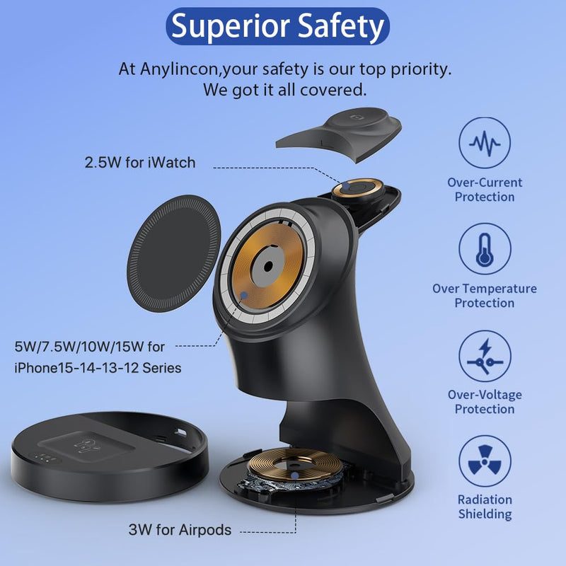 Wireless Charger,3 in 1 Magnetic Wireless Charger Stand, Fast Wireless Charging Dock for iPhone16/15/14/13/12 Series, Apple Watch Series, AirPods Pro. Black