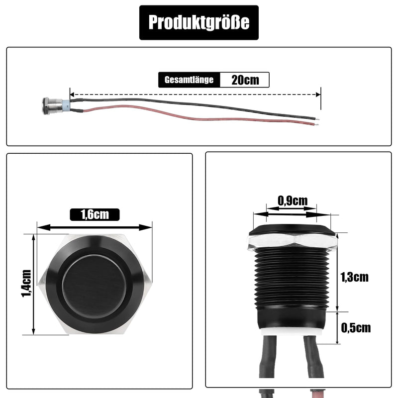 Powice 2 x 12 mm Waterproof Switch, 12 V Waterproof Momentary Reset Switch, Push Button 6A/6V/12V/24V/125V/250V, Suitable for Horns, Car Bells, Cars etc. with Wire (Flat Head)