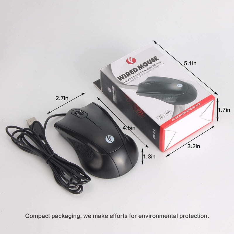 VCOM Wired USB Mouse with 6-Foot Cord & 1200 DPI, Right or Left Hand Use for Work Study Home, 3-Button Ergonomic Optical Mouse Compatible with PC Laptops Desktop Computer Windows Vista Linux, Black 1-Pack
