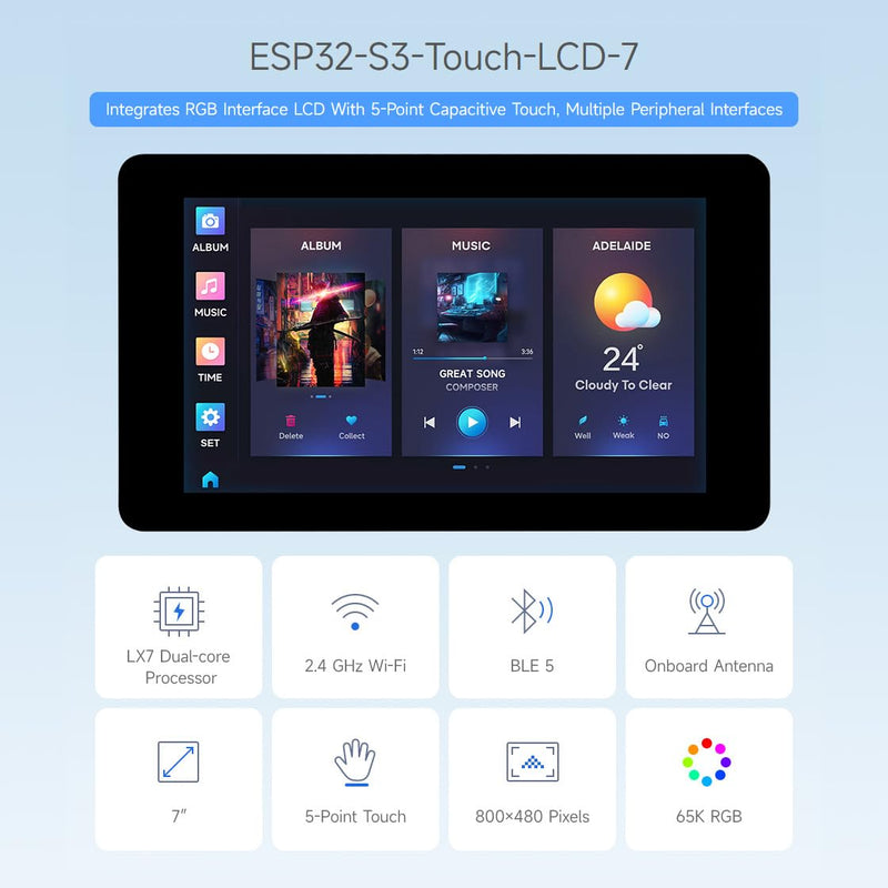 Waveshare ESP32-S3 7inch Capacitive Touch LCD Development Board, ESP32 with Display, 800×480, 5-Point Touch, Up to 240MHz Frequency, Supports WiFi & Bluetooth, with Onboard Antenna