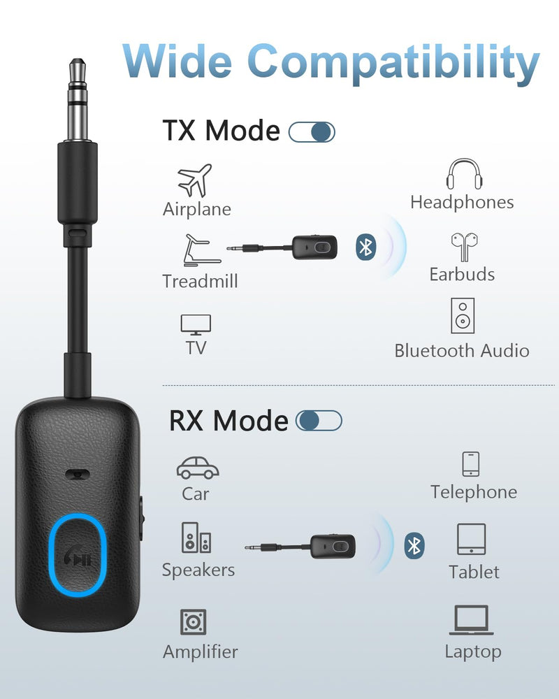 Bluetooth 5.4 Adapter for Car, Upgraded 2-in-1 Aux Transmitter & Receiver with Hands-Free Calls & 180° Swivel Bend, Wireless Audio Adapter for PC, TV, Speakers, Airplane Travel