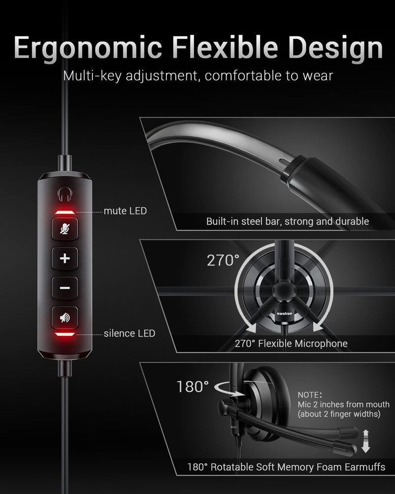 EH05-U Wired USB Headset with Noise Cancelling Microphone for PC Laptop - Headphones with In-Line Control, Lightweight, Enhanced Sound & MIC Mute USB-A Black