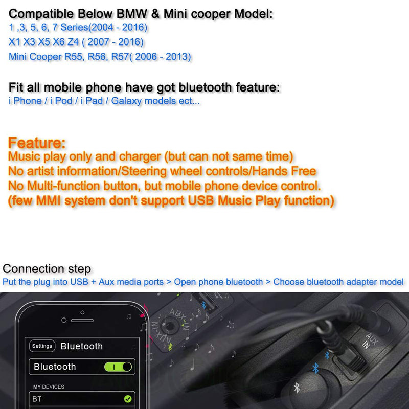 [AUSTRALIA] - Bluetooth Adapter Compatible with Mini Cooper BMW Car Apple Android Phone Music AUX 3.5 Wireless Cable Capable Devices 
