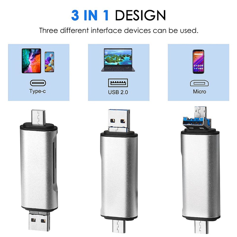 SD/Micro SD Memory Card Reader, BorlterClamp 3 in 1 Memory Card Reader with USB C Micro-USB OTG Adapter Compatible with PC, Laptop, MacBook, Tablet, Smartphone (Silver) silver