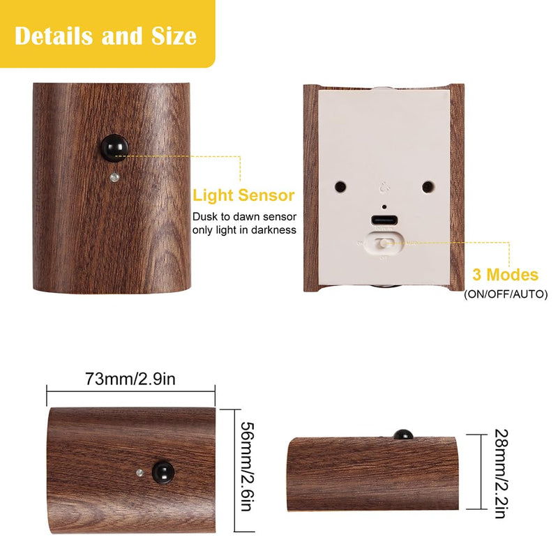 [AUSTRALIA] - LANDGOO 2-Pack Wood Step Light with Motion Sensor, Rechargeable Stair Night Light Set, Sapele Wood 2700K Warm White LED Wall Lamps, Easy No-Wire Installation for Hallway Bedroom Staircase Walnut Wood 2ps 