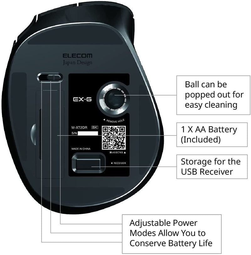 ELECOM EX-G Trackball Mouse, 2.4GHz Wired, Thumb Control, Ergonomic Design, 5-Button Function with Smooth Tracking, Ergonomic Design, Optical Gaming Sensor, Windows11, macOS (M-XT2URBK-G) Black / Black ball