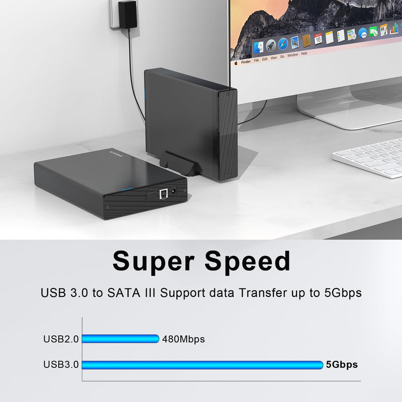 USB 3.0 to 3.5 Inch Hard Drive Enclosure, Vertical External Hard Drive Docking with Stand for 3.5 inch SATA HDD SSD, Aluminum Alloy Drive Case Support Up to 12TB with UASP,Power Adapter 3.5" SATA Enclosure-Black