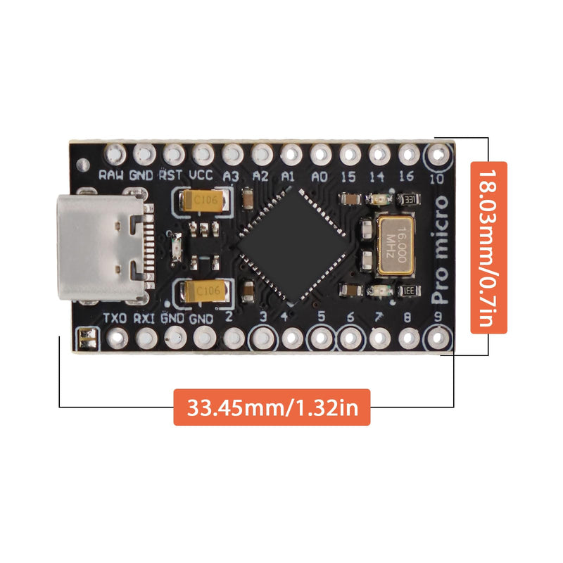 APKLVSR Pro Micro 32U4 5V/16MHz Development Board Type-C Microcontroller with 2-Row Pin Header, Compatible with Arduino (Pack of 2)