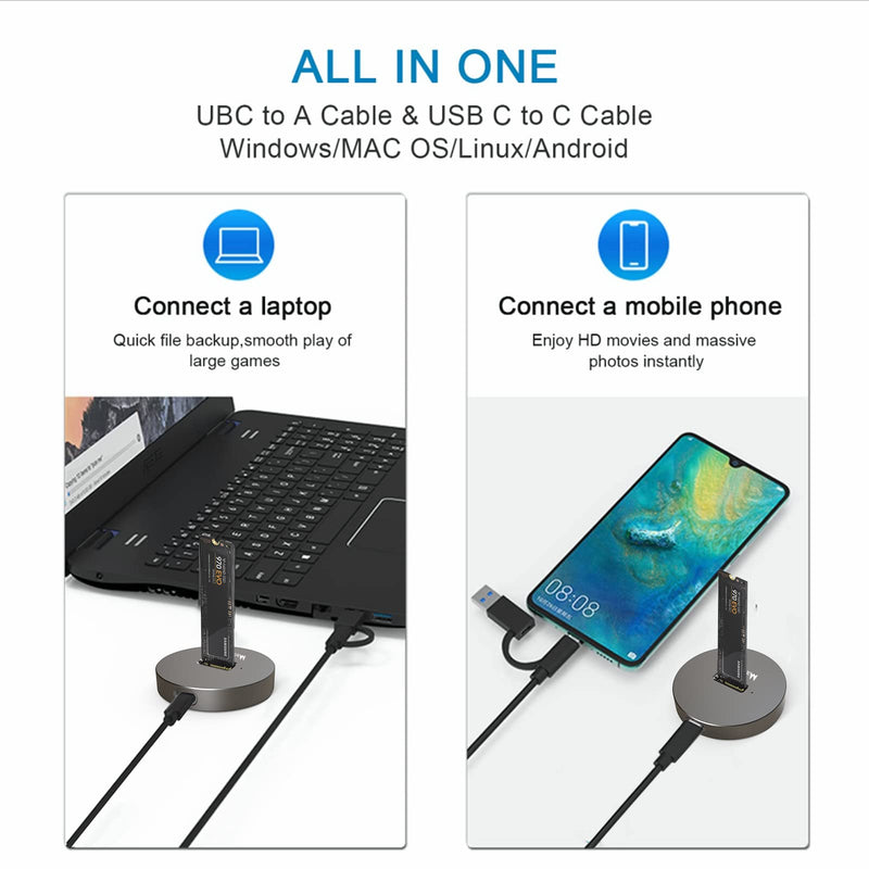 M.2 NVMe & SATA to USB C Docking Station, SSD Reader Adapter for 2280 2260 2242 2230 Enclosure, Fits Both M.2 (M Key, B+M Key) NVMe and SATA NGFF SSDs Aluminum Alloy Silver