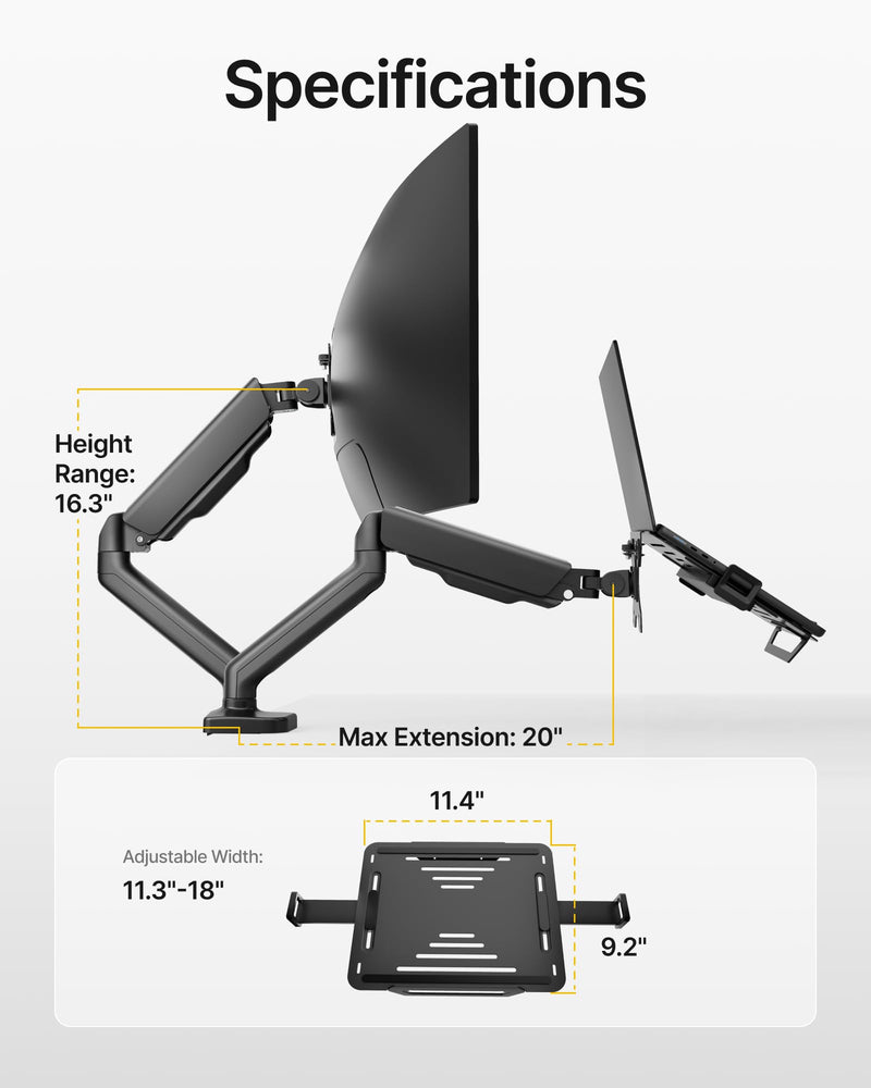 monTEK 2-in-1 Laptop & Monitor Desk Mount, Fits 12–18"Laptops & 32" Screens | 2-in-1 Desk Mount with Removable Vented Laptop Tray, Full Motion Arm with Clamp/Grommet Base, 75/100 VESA Mount Single Arm