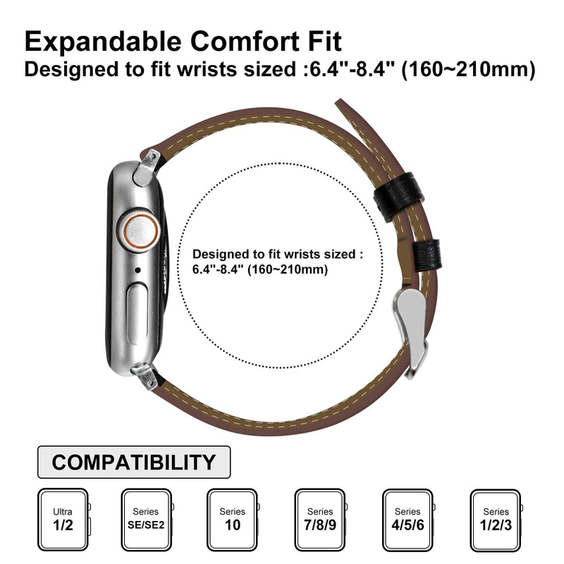 2 Pack Genuine Leather Band, Black and Beige Couple Watch Bands Compatible with Apple Watch Men Women 38mm 40mm 41mm 42mm 44mm 45mm 46mm 49mm