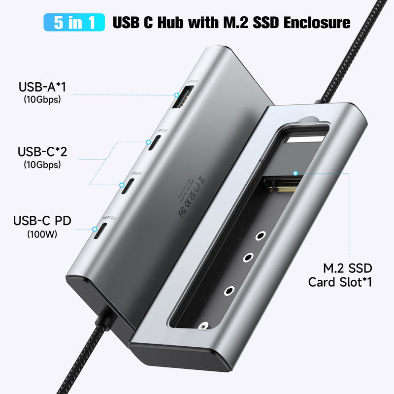 RSHTECH 5-in-1 USB C Hub with M.2 NVMe/SATA SSD Enclosure | 10Gbps USB Data Ports (1A + 2C) and 100W Power Delivery, Aluminum USB-C Dock Dongle for MacBook, Laptops, RSH-D05P Silver